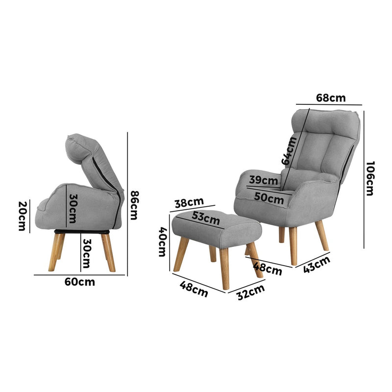 Oikiture 2x 360 Swivel Recliner Armchair Lounge with Stool Grey