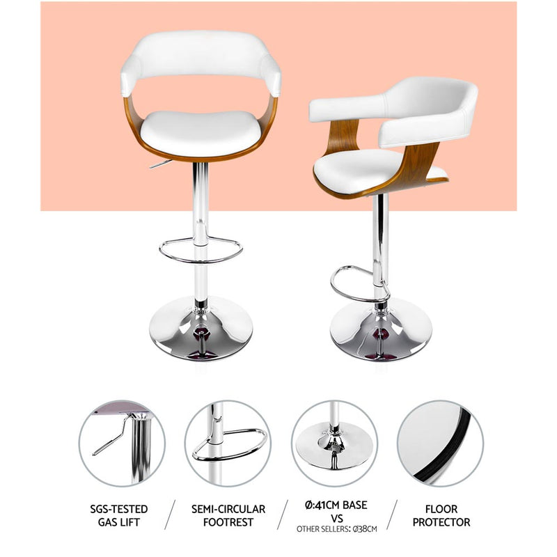 Artiss 2x Bar Stools Gas Lift Leather w/Armrest White