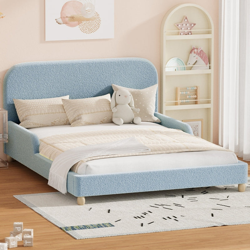 Oikiture Kids Double Bed Frame with Guard Rails Boucle Blue