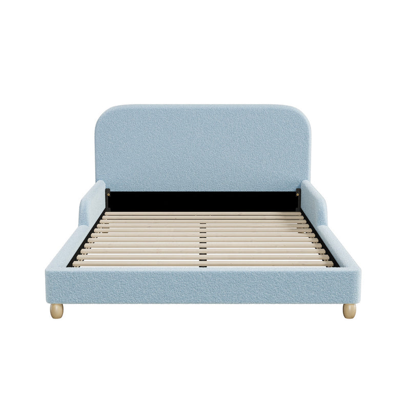 Oikiture Kids Double Bed Frame with Guard Rails Boucle Blue