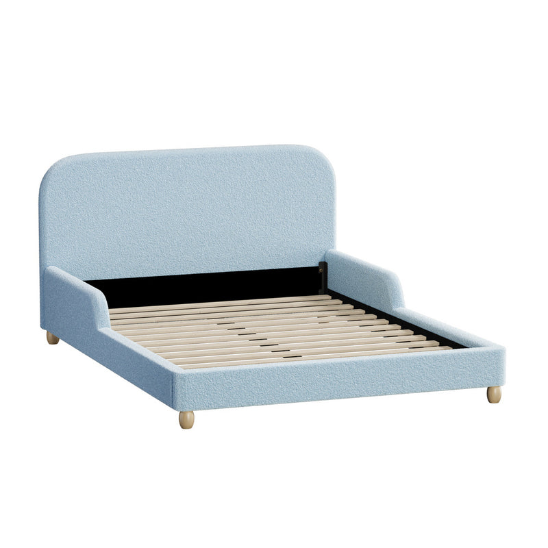 Oikiture Kids Double Bed Frame with Guard Rails Boucle Blue
