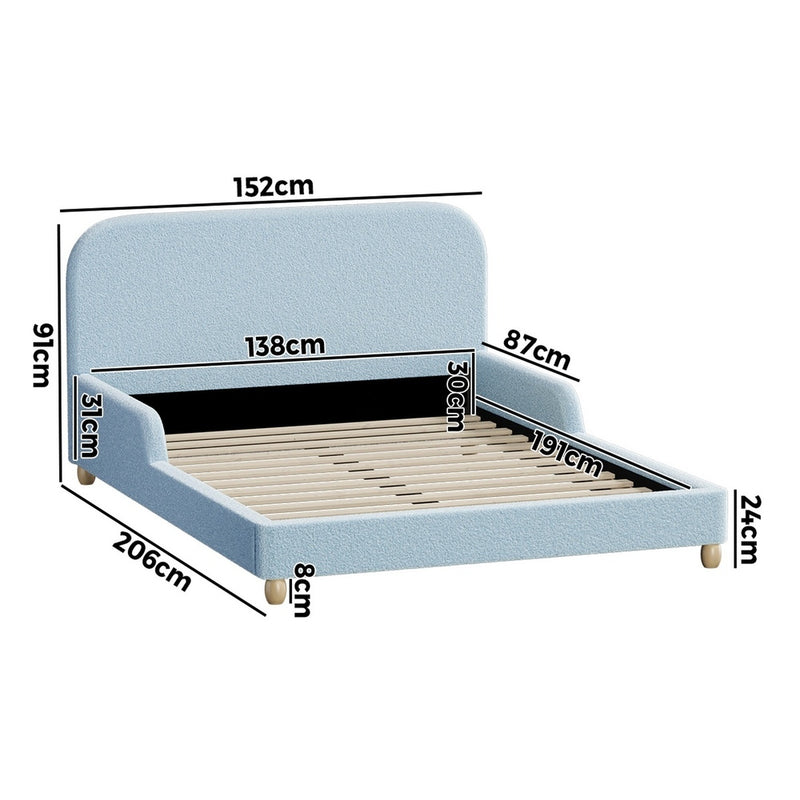 Oikiture Kids Double Bed Frame with Guard Rails Boucle Blue
