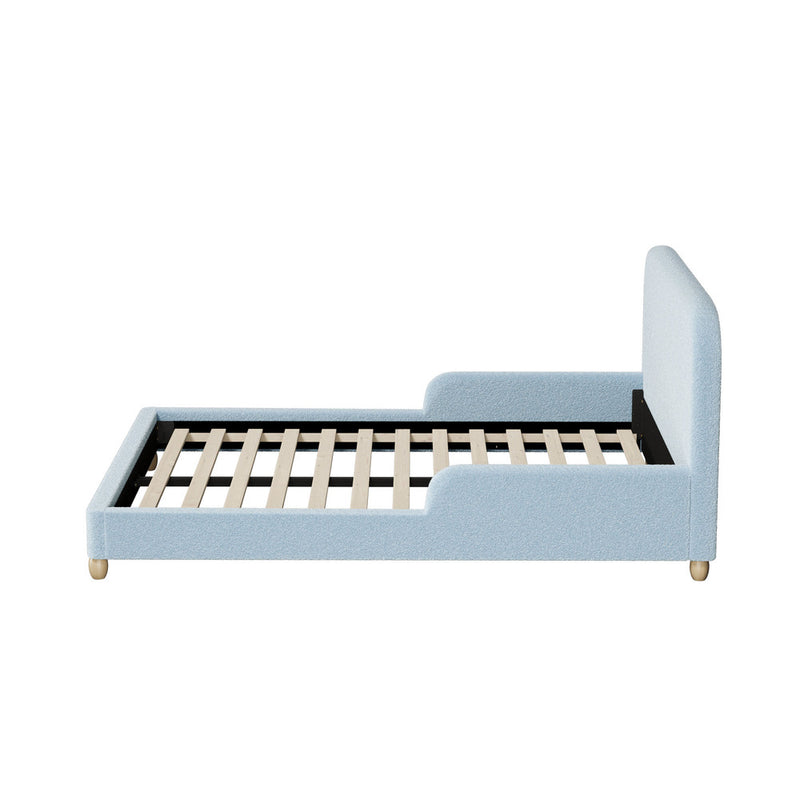 Oikiture Kids Double Bed Frame with Guard Rails Boucle Blue