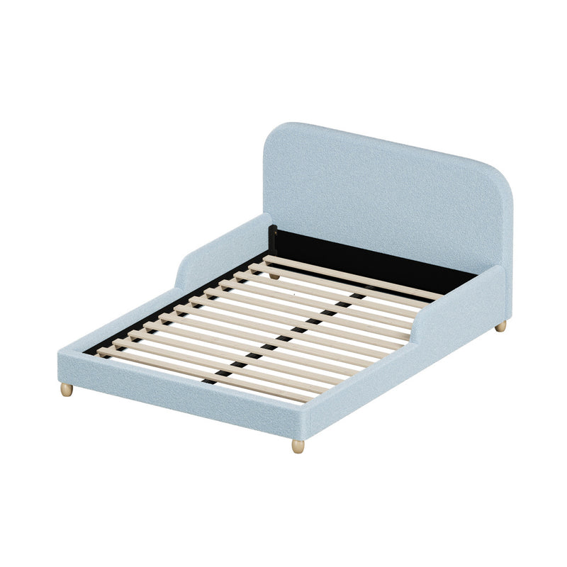 Oikiture Kids Double Bed Frame with Guard Rails Boucle Blue