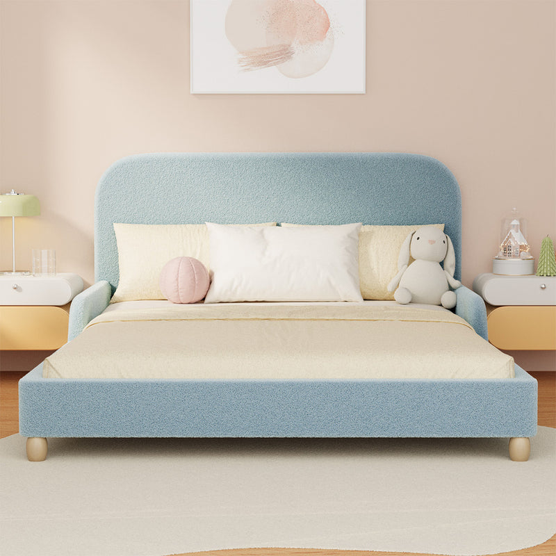 Oikiture Kids Double Bed Frame with Guard Rails Boucle Blue