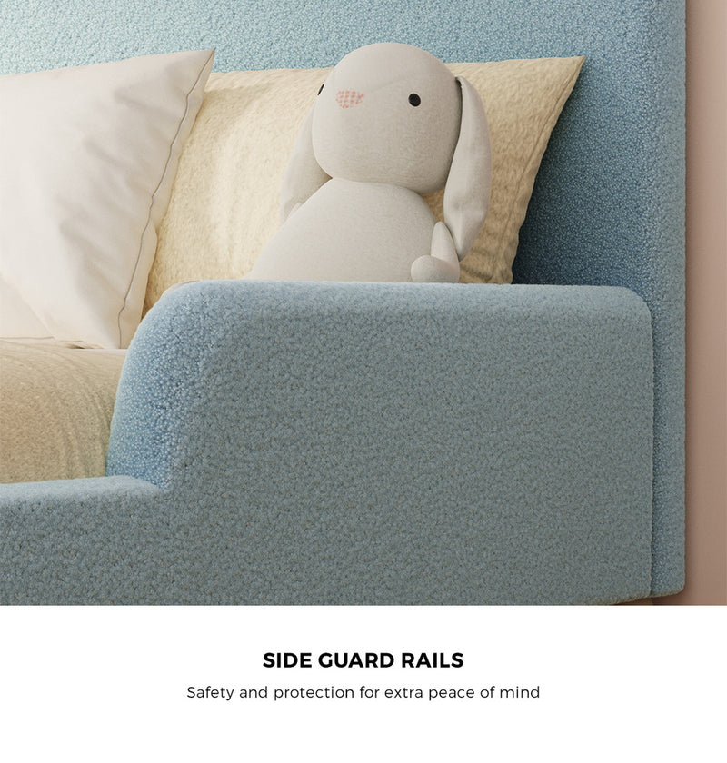 Oikiture Kids Double Bed Frame with Guard Rails Boucle Blue