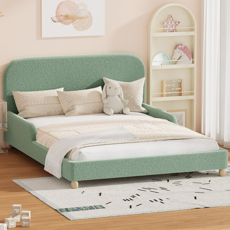 Oikiture Kids Double Bed Frame with Side Guard Rails Boucle Green