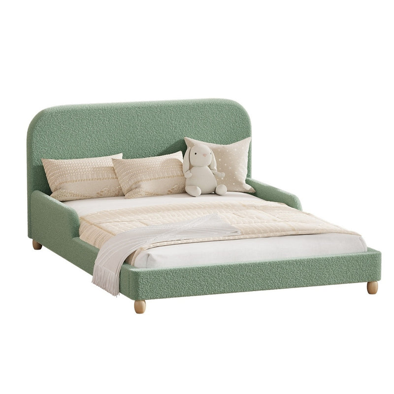 Oikiture Kids Double Bed Frame with Side Guard Rails Boucle Green