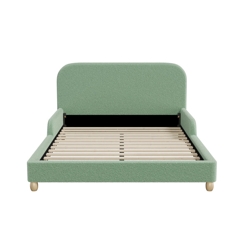 Oikiture Kids Double Bed Frame with Side Guard Rails Boucle Green
