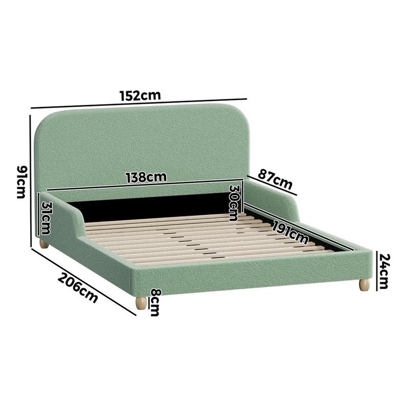 Oikiture Kids Double Bed Frame with Side Guard Rails Boucle Green
