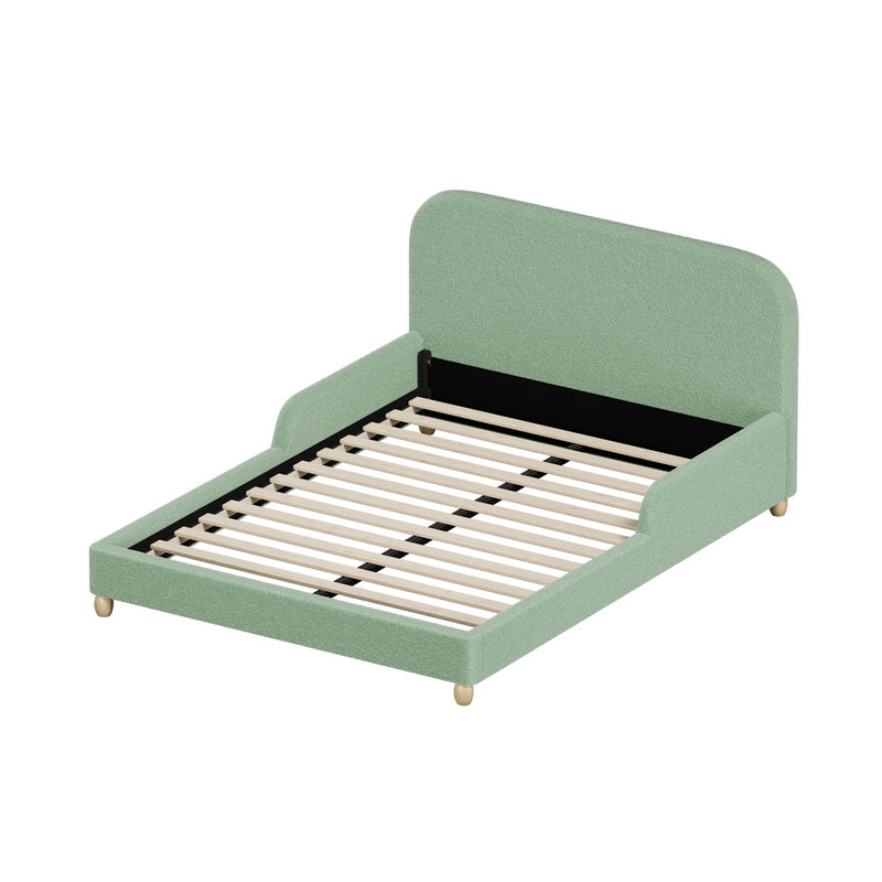Oikiture Kids Double Bed Frame with Side Guard Rails Boucle Green