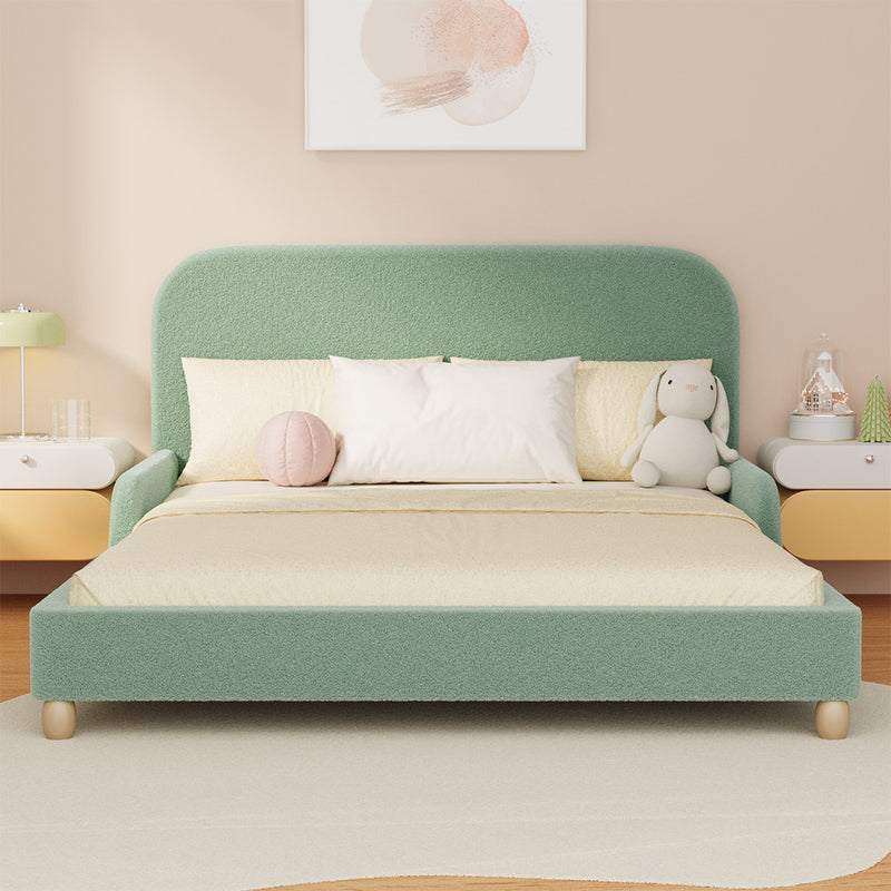 Oikiture Kids Double Bed Frame with Side Guard Rails Boucle Green