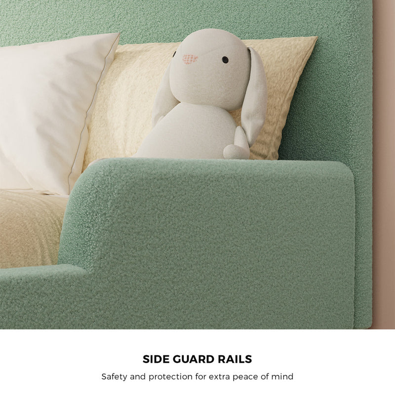 Oikiture Kids Double Bed Frame with Side Guard Rails Boucle Green