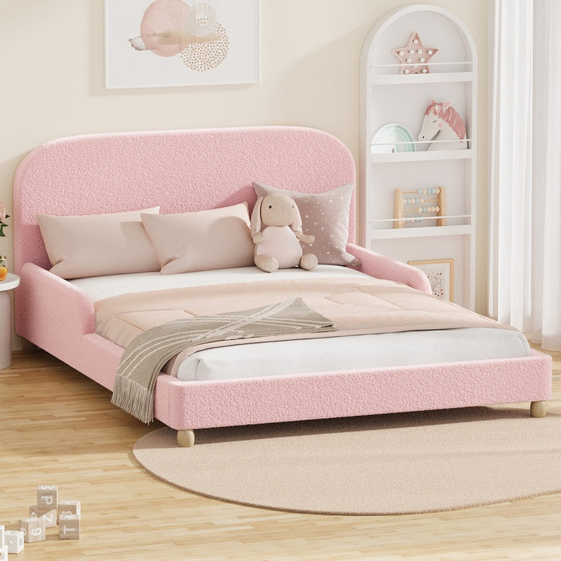 Oikiture Kids Bed Frame Double Size Base with Side Rails Boucle Pink