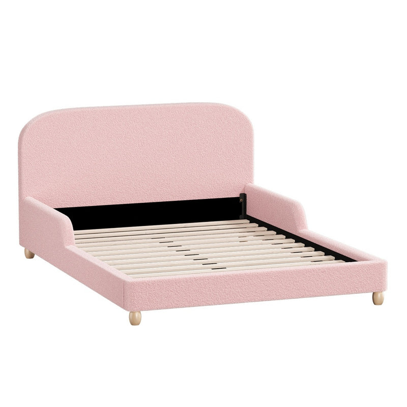 Oikiture Kids Bed Frame Double Size Base with Side Rails Boucle Pink