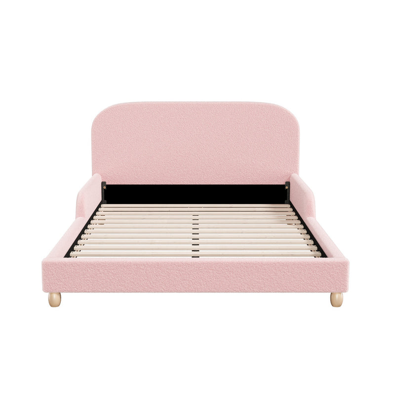Oikiture Kids Bed Frame Double Size Base with Side Rails Boucle Pink