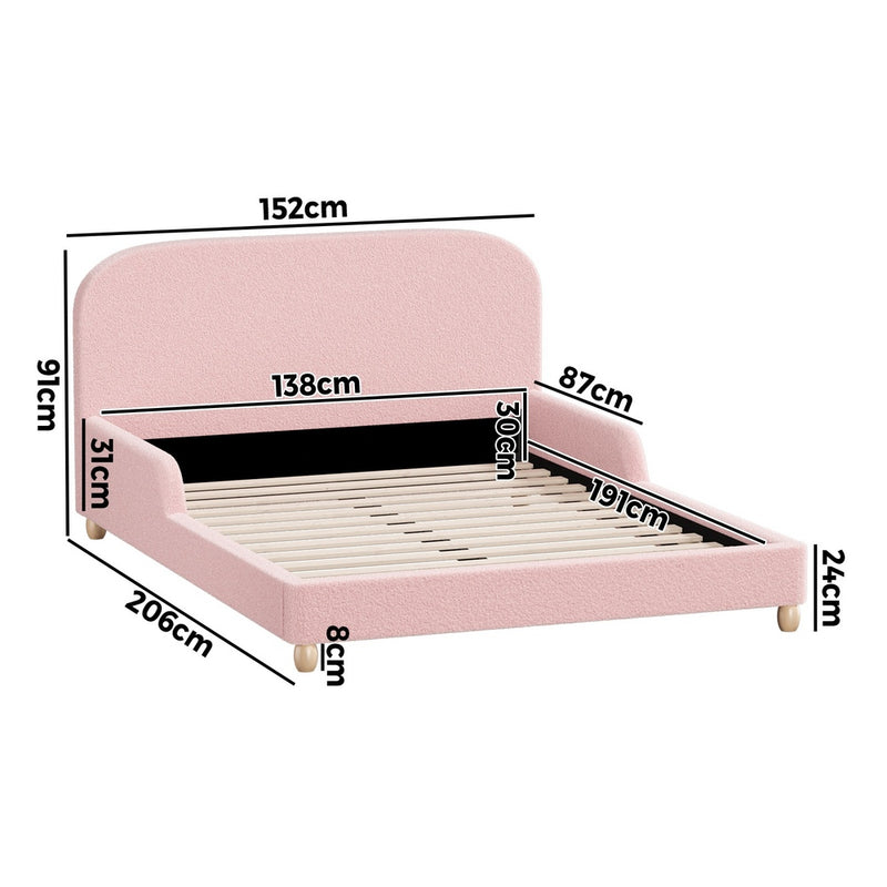 Oikiture Kids Bed Frame Double Size Base with Side Rails Boucle Pink