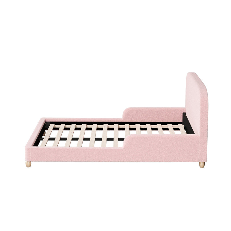 Oikiture Kids Bed Frame Double Size Base with Side Rails Boucle Pink