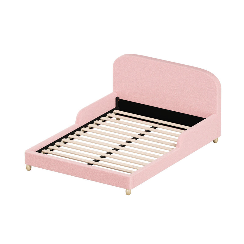 Oikiture Kids Bed Frame Double Size Base with Side Rails Boucle Pink
