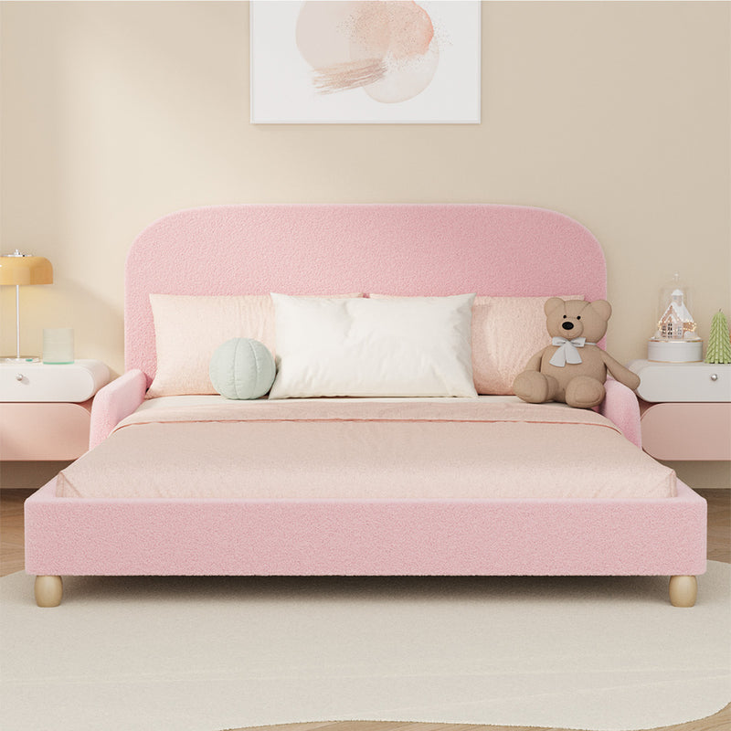 Oikiture Kids Bed Frame Double Size Base with Side Rails Boucle Pink