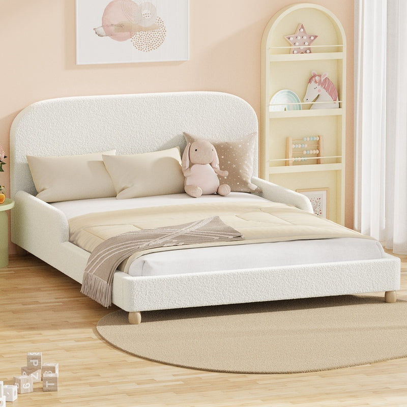Oikiture Kids Bed Frame Double Size Base with Side Rails Boucle White