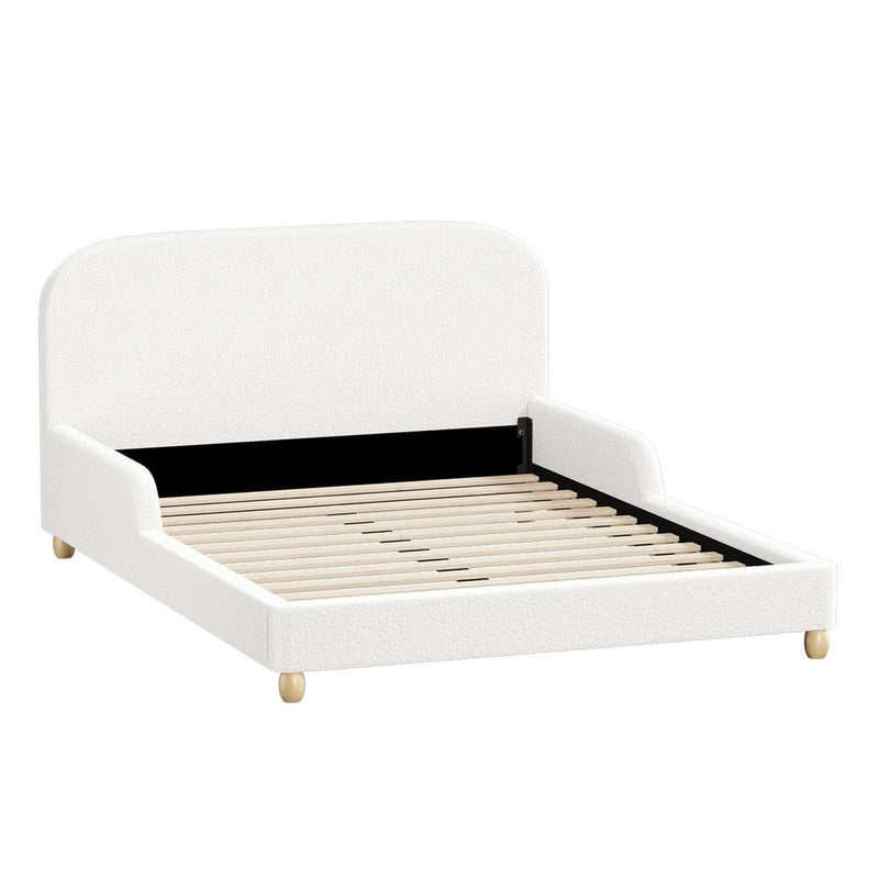Oikiture Kids Bed Frame Double Size Base with Side Rails Boucle White
