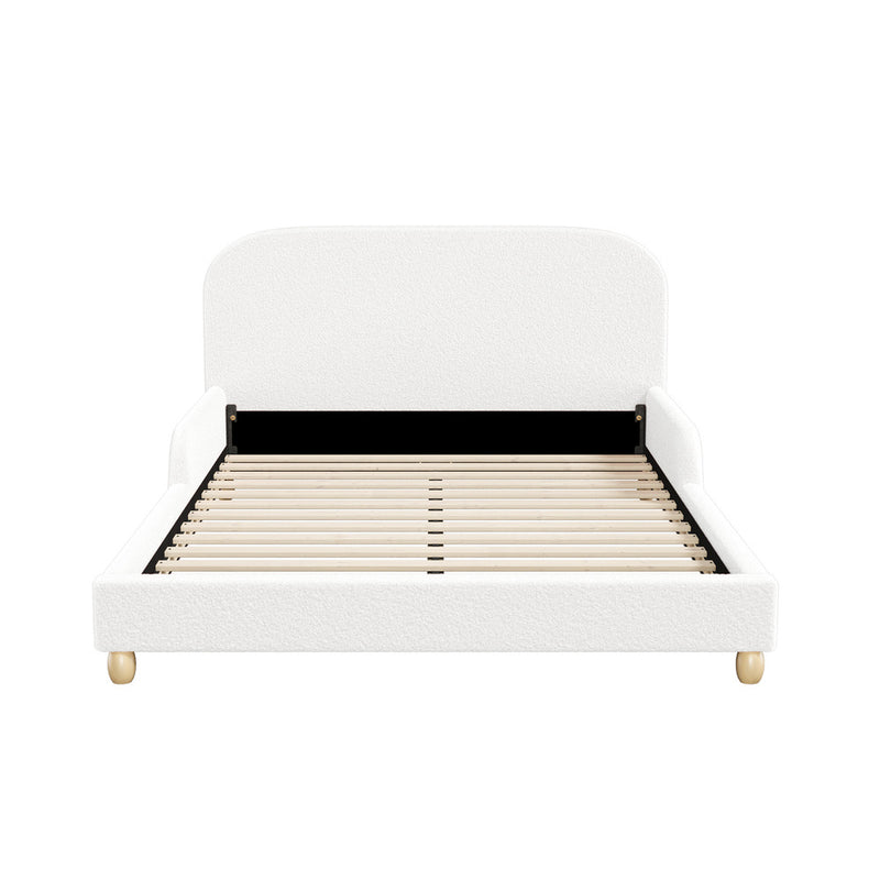 Oikiture Kids Bed Frame Double Size Base with Side Rails Boucle White