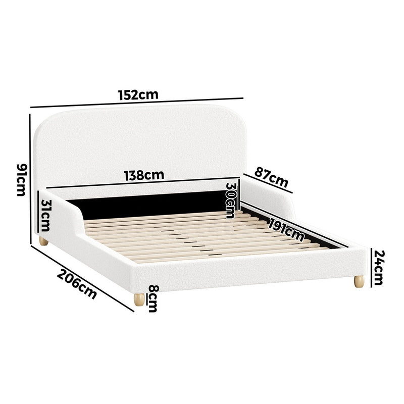 Oikiture Kids Bed Frame Double Size Base with Side Rails Boucle White