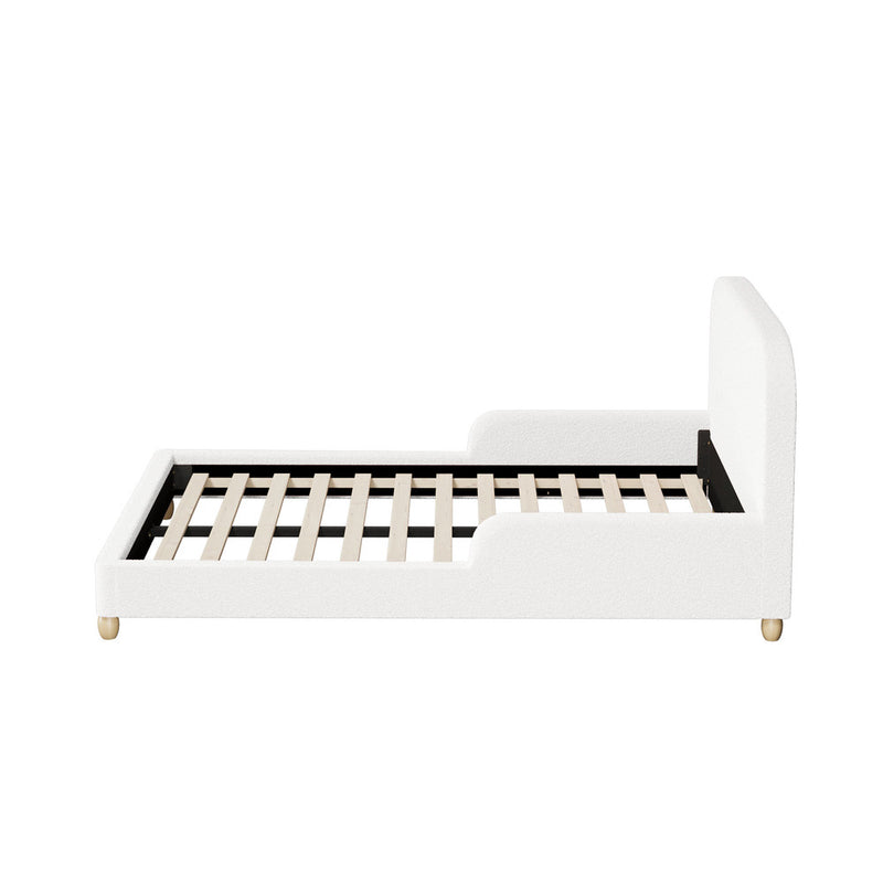 Oikiture Kids Bed Frame Double Size Base with Side Rails Boucle White