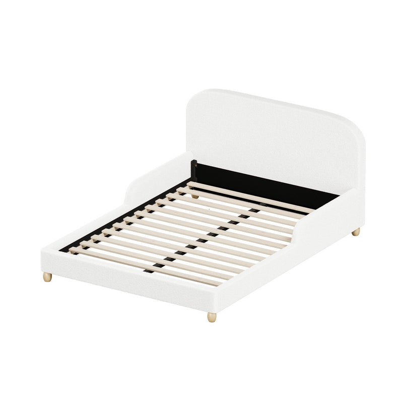 Oikiture Kids Bed Frame Double Size Base with Side Rails Boucle White