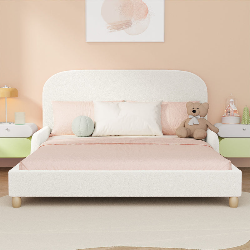 Oikiture Kids Bed Frame Double Size Base with Side Rails Boucle White
