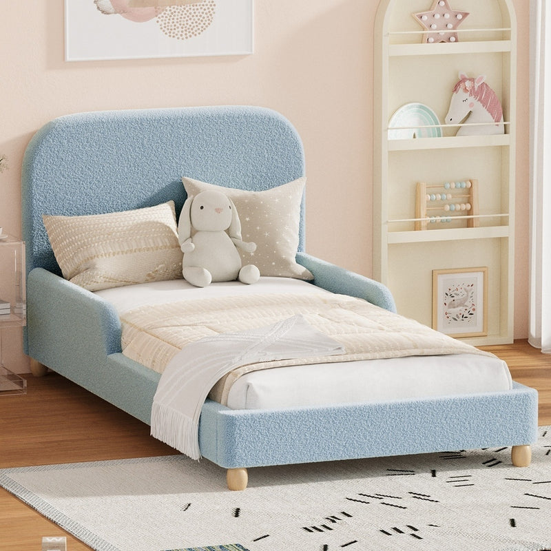 Oikiture Kids Single Bed Frame with Guard Rails Boucle Blue