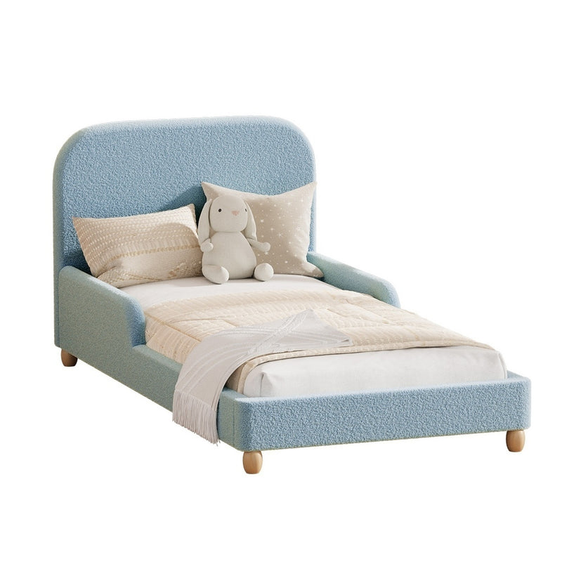 Oikiture Kids Single Bed Frame with Guard Rails Boucle Blue