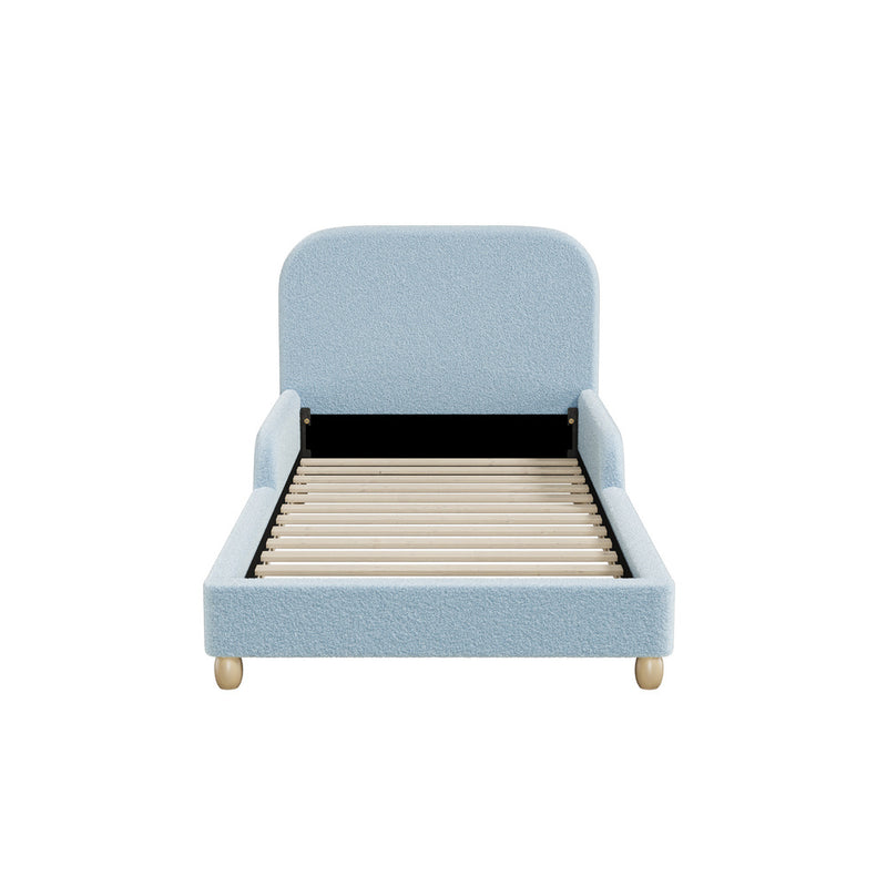 Oikiture Kids Single Bed Frame with Guard Rails Boucle Blue
