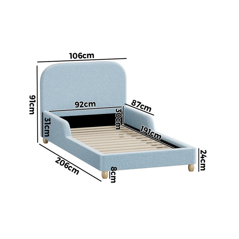 Oikiture Kids Single Bed Frame with Guard Rails Boucle Blue