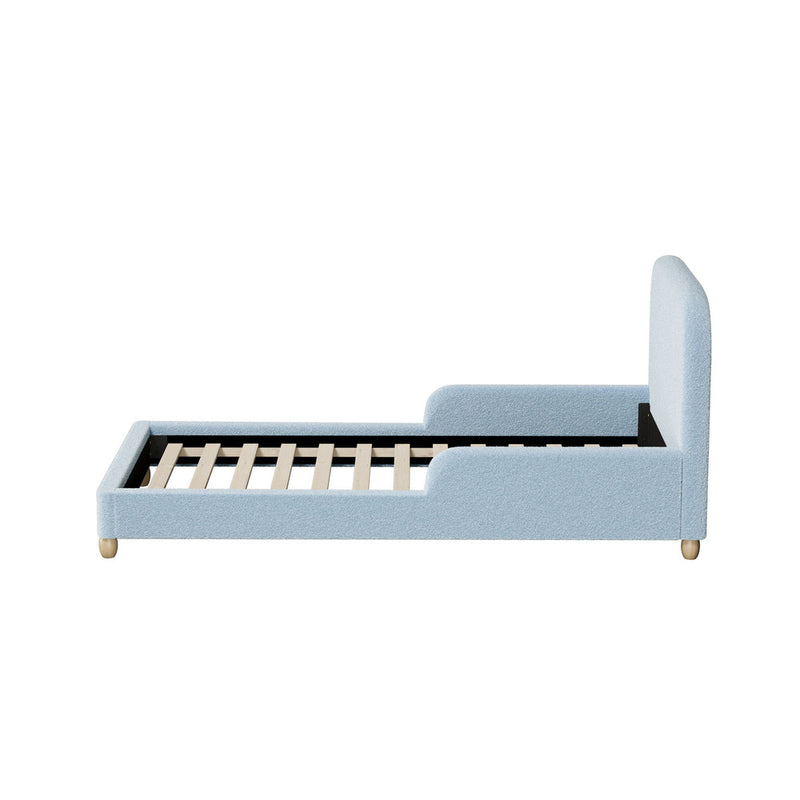 Oikiture Kids Single Bed Frame with Guard Rails Boucle Blue