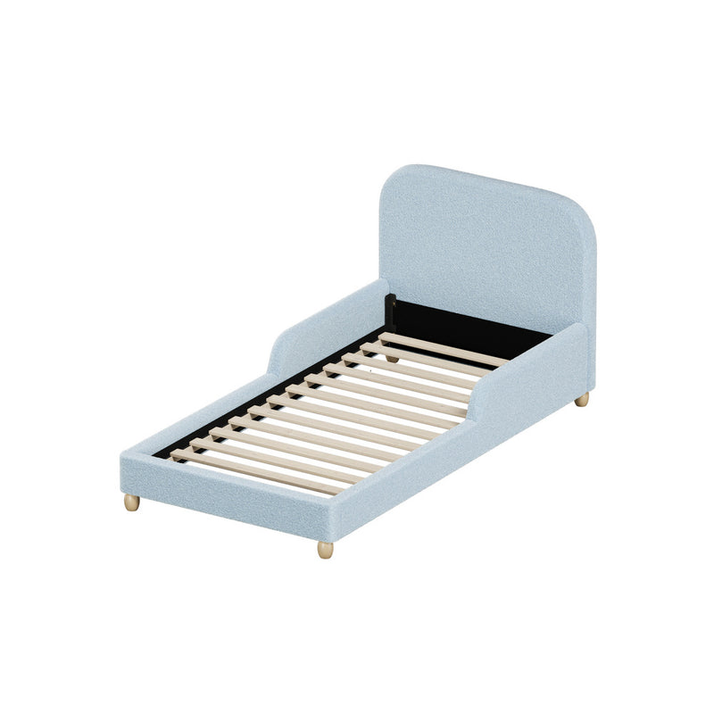 Oikiture Kids Single Bed Frame with Guard Rails Boucle Blue