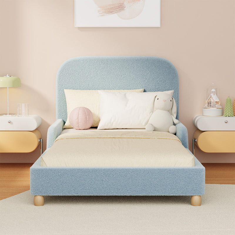 Oikiture Kids Single Bed Frame with Guard Rails Boucle Blue