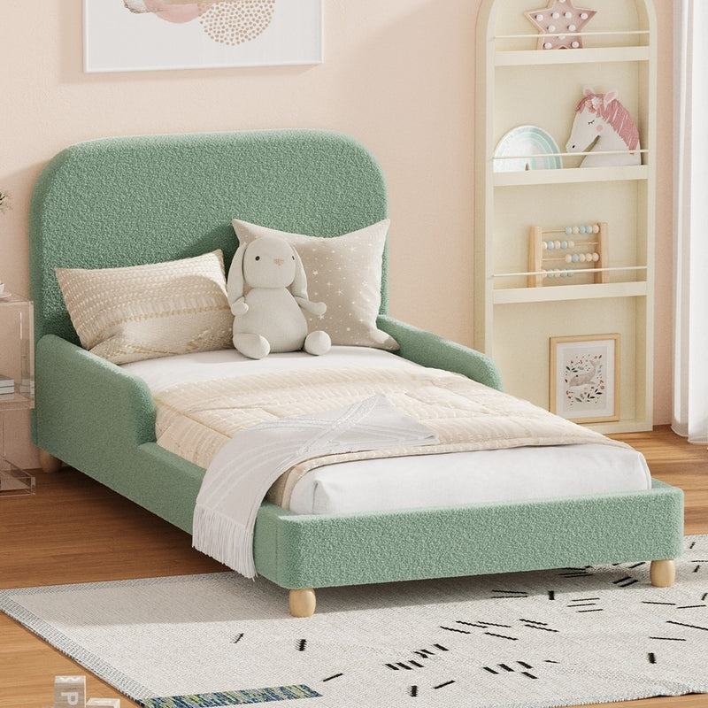 Oikiture Kids Single Bed Frame with Side Guard Rails Boucle Green