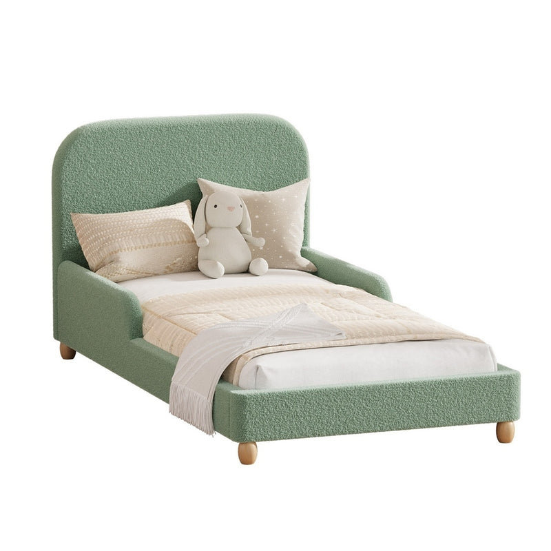 Oikiture Kids Single Bed Frame with Side Guard Rails Boucle Green