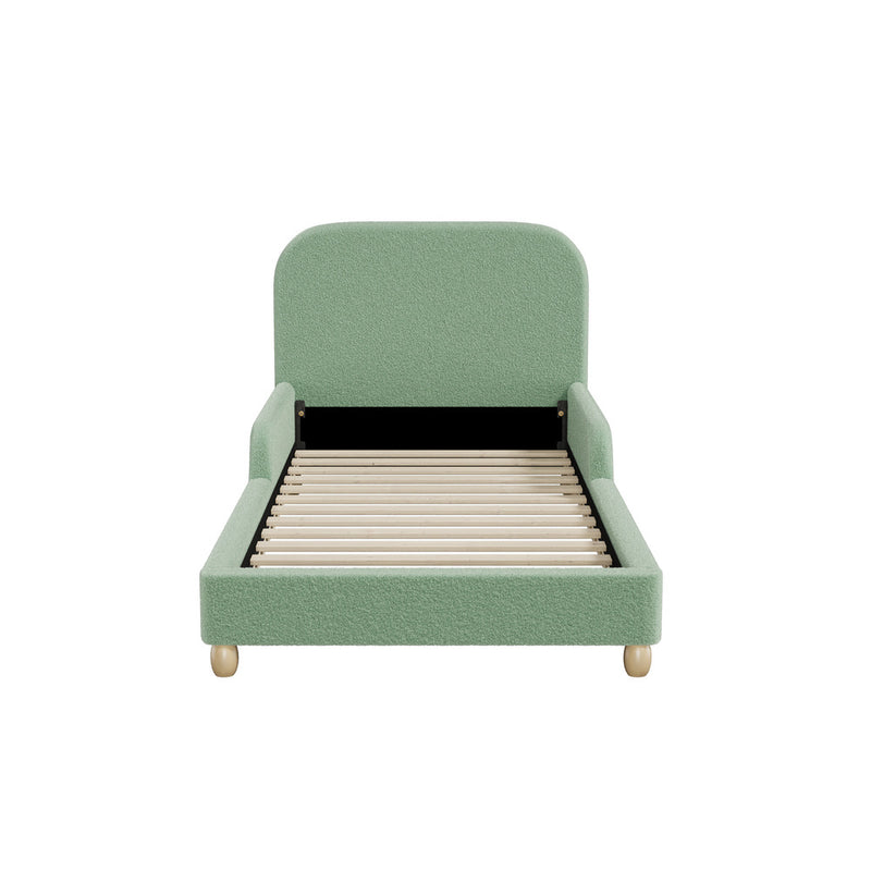 Oikiture Kids Single Bed Frame with Side Guard Rails Boucle Green