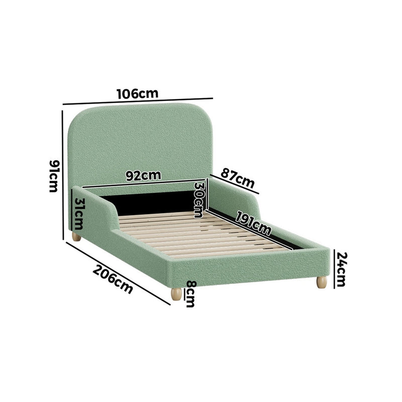 Oikiture Kids Single Bed Frame with Side Guard Rails Boucle Green