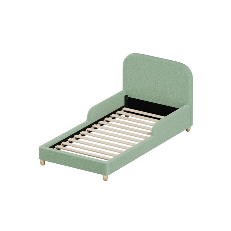 Oikiture Kids Single Bed Frame with Side Guard Rails Boucle Green