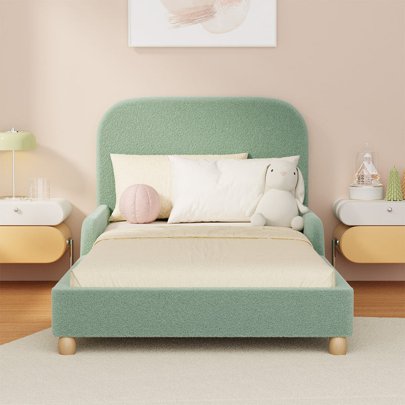 Oikiture Kids Single Bed Frame with Side Guard Rails Boucle Green