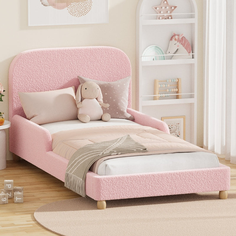 Oikiture Kids Bed Frame Single Size Base with Side Rails Boucle Pink