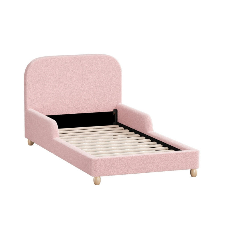 Oikiture Kids Bed Frame Single Size Base with Side Rails Boucle Pink