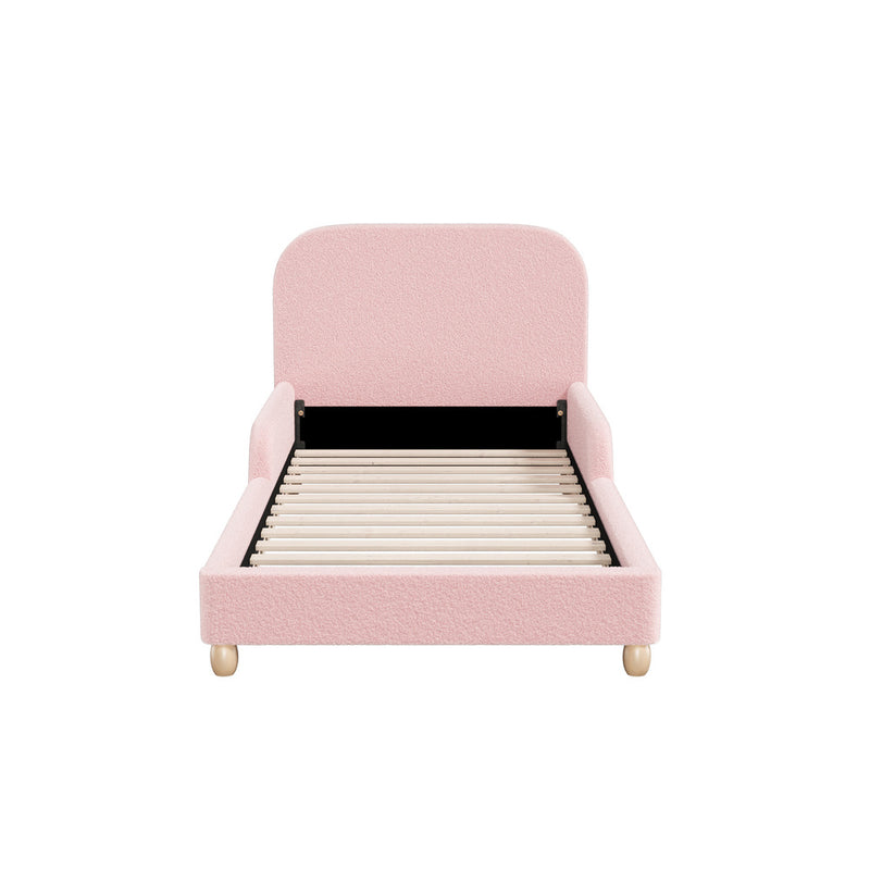 Oikiture Kids Bed Frame Single Size Base with Side Rails Boucle Pink