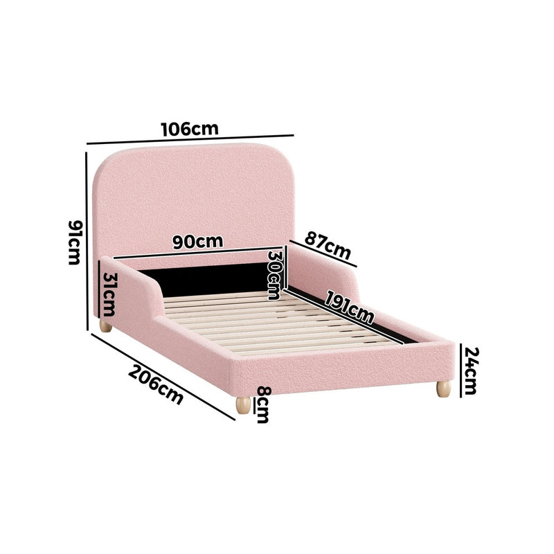 Oikiture Kids Bed Frame Single Size Base with Side Rails Boucle Pink