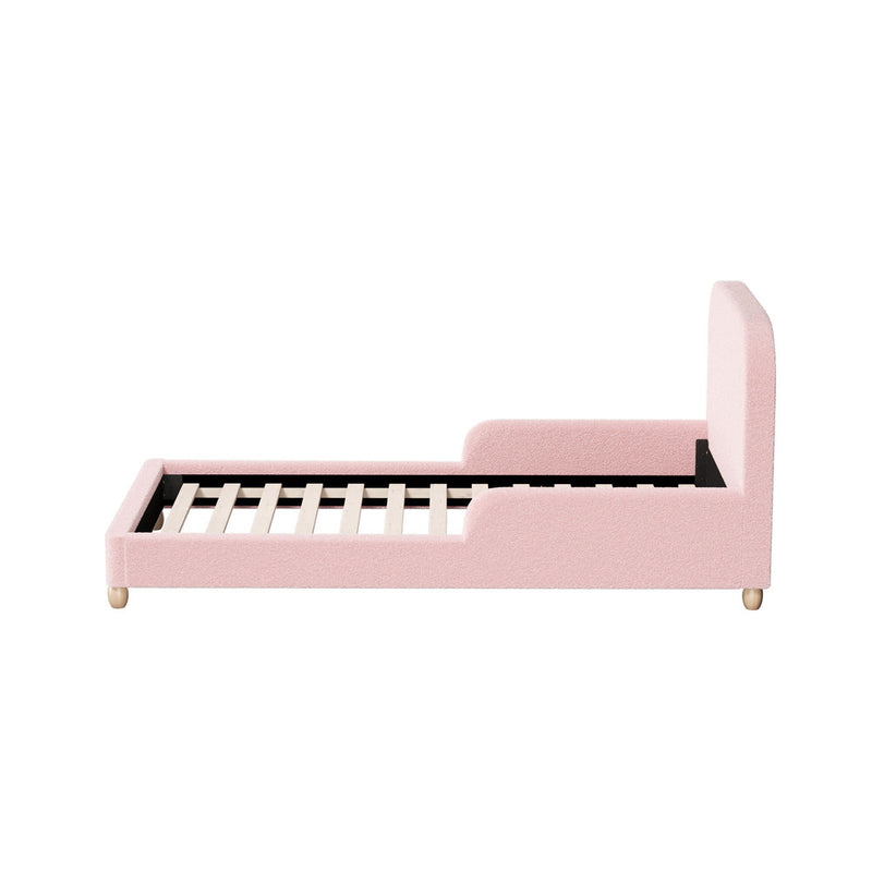 Oikiture Kids Bed Frame Single Size Base with Side Rails Boucle Pink