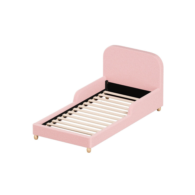 Oikiture Kids Bed Frame Single Size Base with Side Rails Boucle Pink